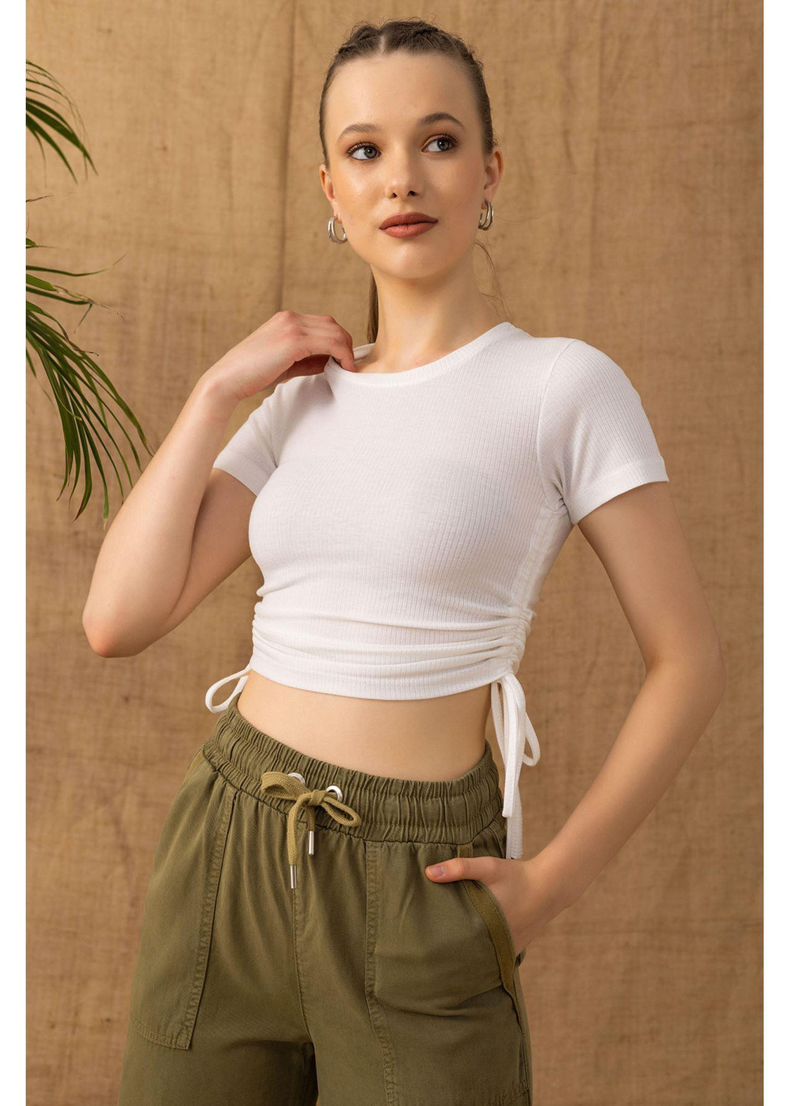 Yanları Büzgülü Basic T-shirt-Beyaz