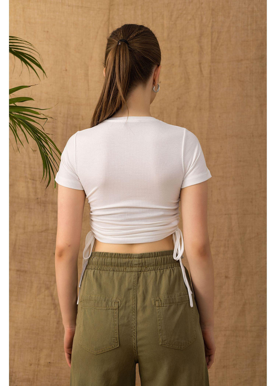 Yanları Büzgülü Basic T-shirt-Beyaz