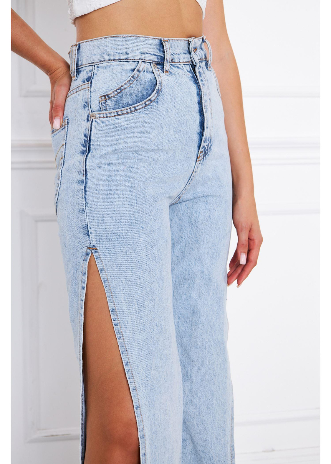 Yanları Yırtmaçlı Kot Pantolon-Mavi