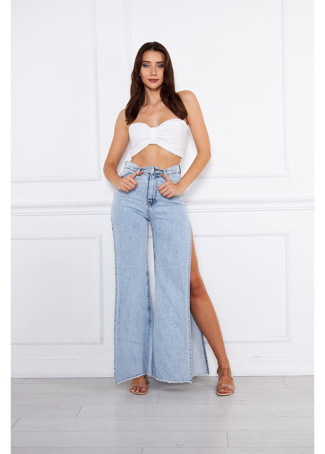Yanları Yırtmaçlı Kot Pantolon-Mavi
