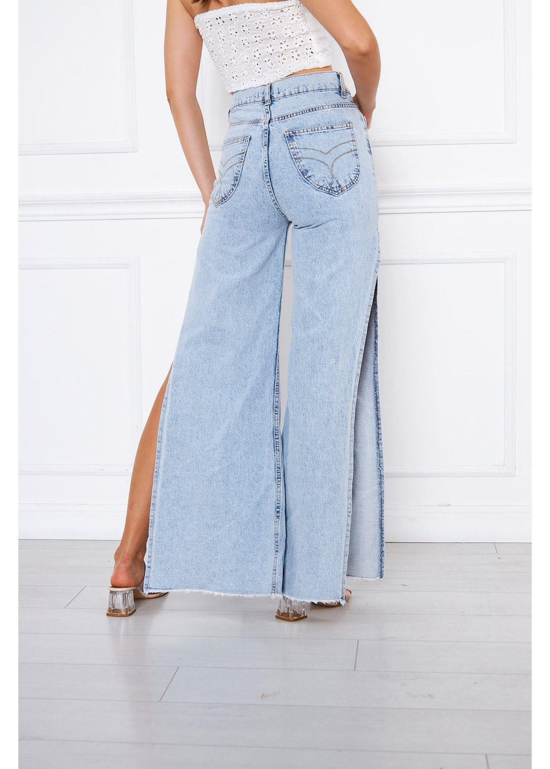 Yanları Yırtmaçlı Kot Pantolon-Mavi