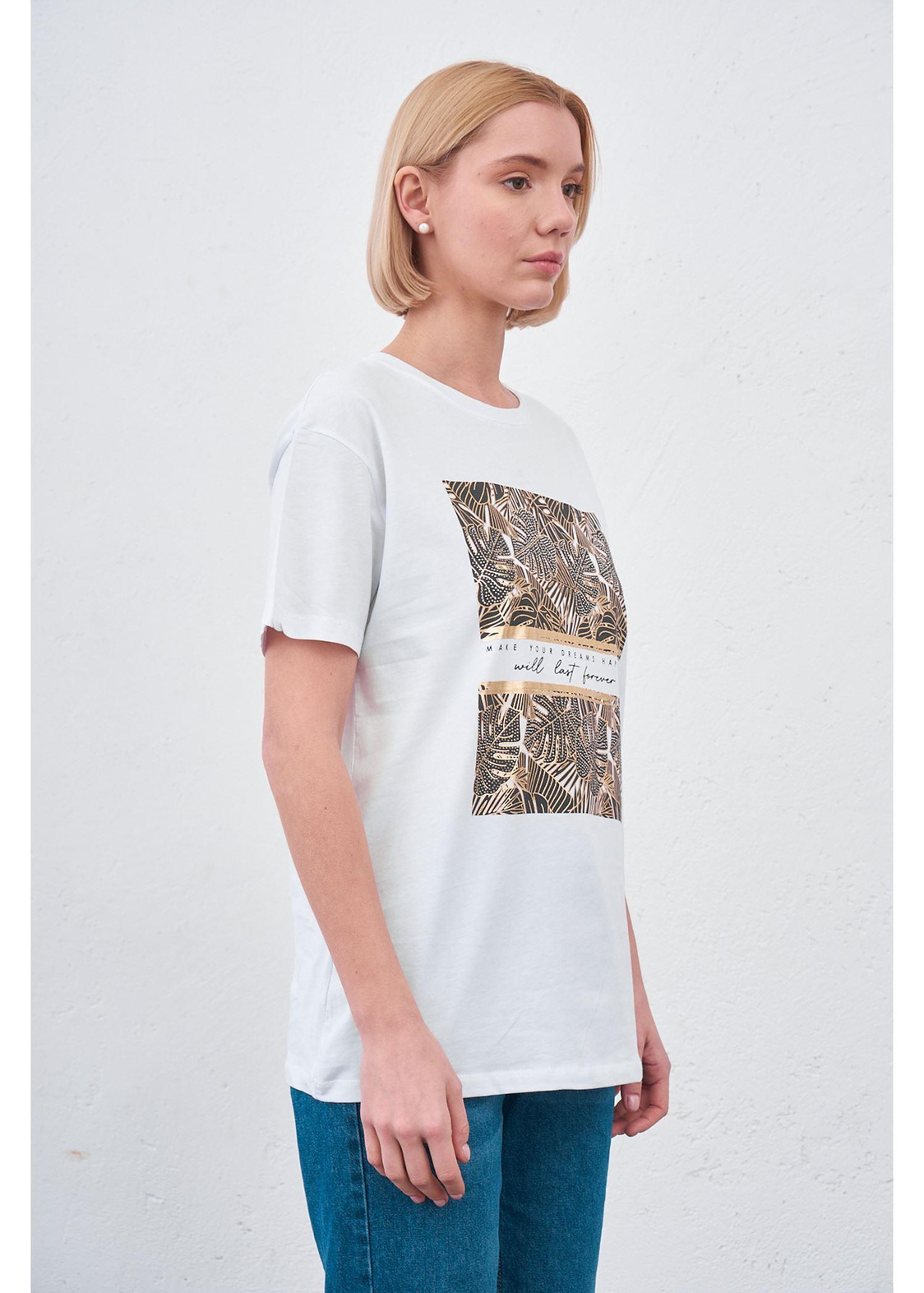 Yaprak Baskılı T-shirt-Beyaz