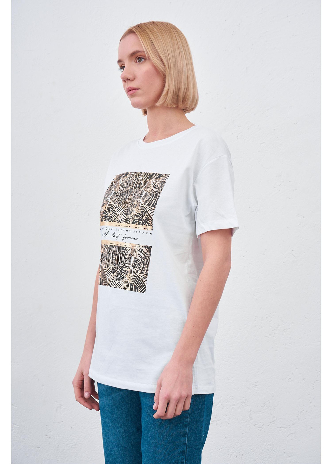 Yaprak Baskılı T-shirt-Beyaz