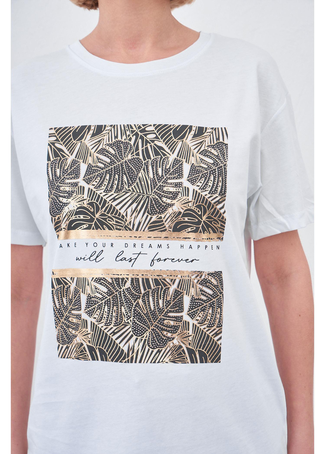 Yaprak Baskılı T-shirt-Beyaz