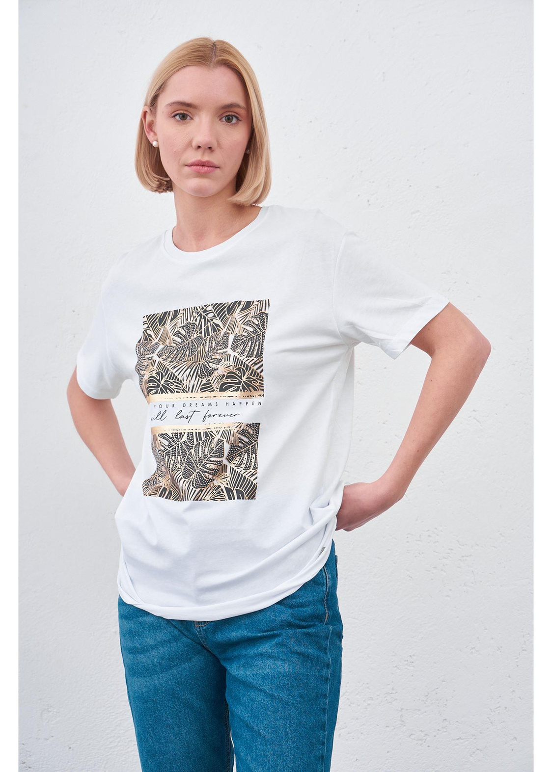Yaprak Baskılı T-shirt-Beyaz