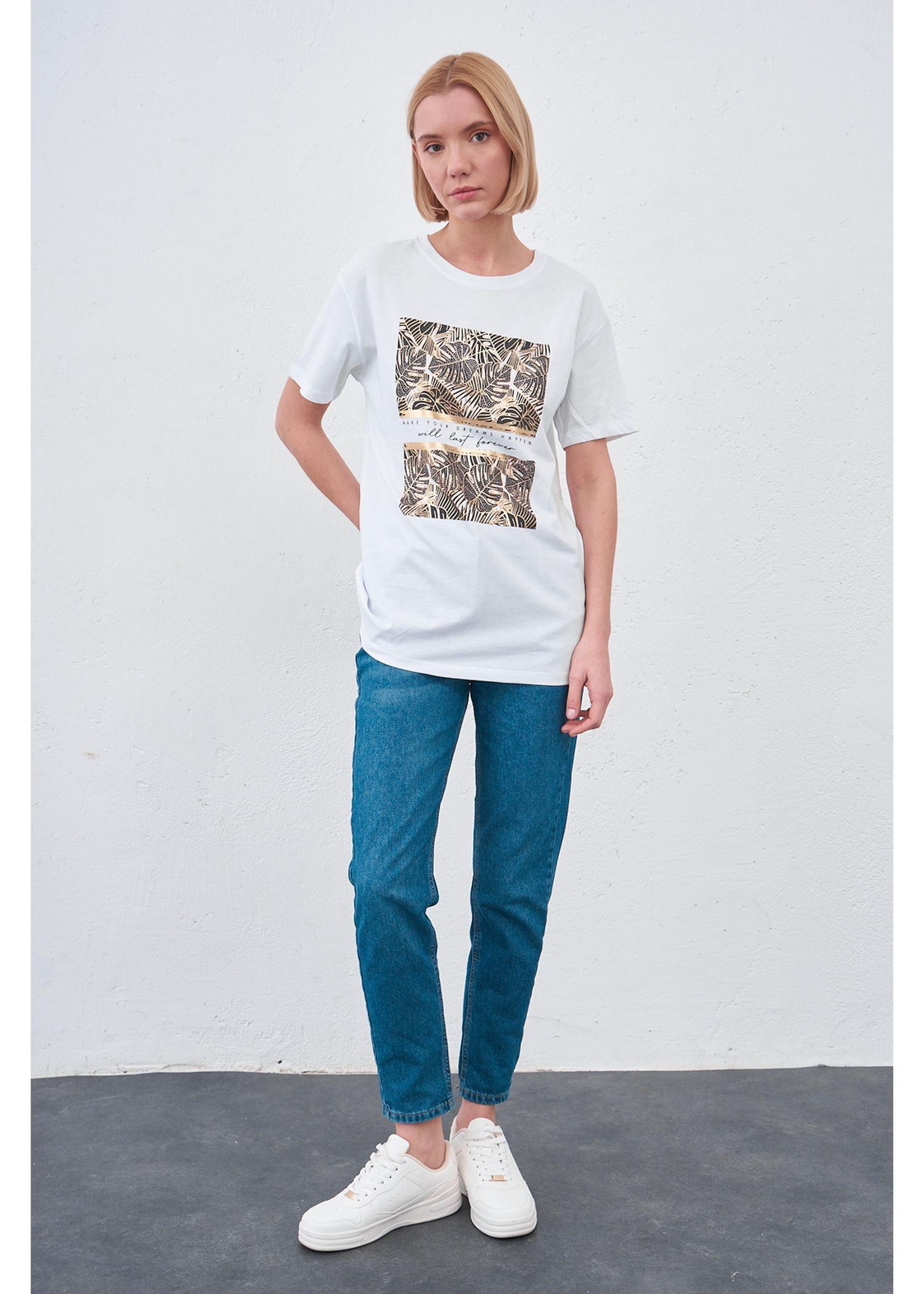 Yaprak Baskılı T-shirt-Beyaz