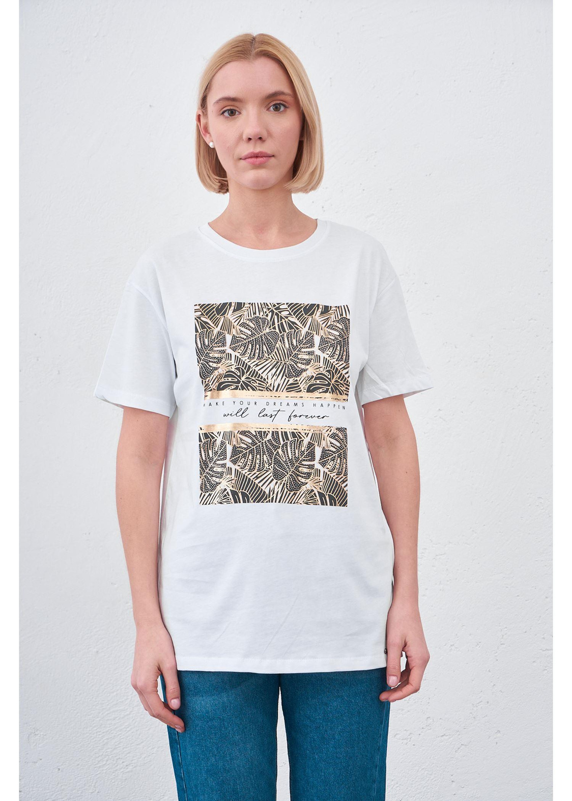 Yaprak Baskılı T-shirt-Beyaz