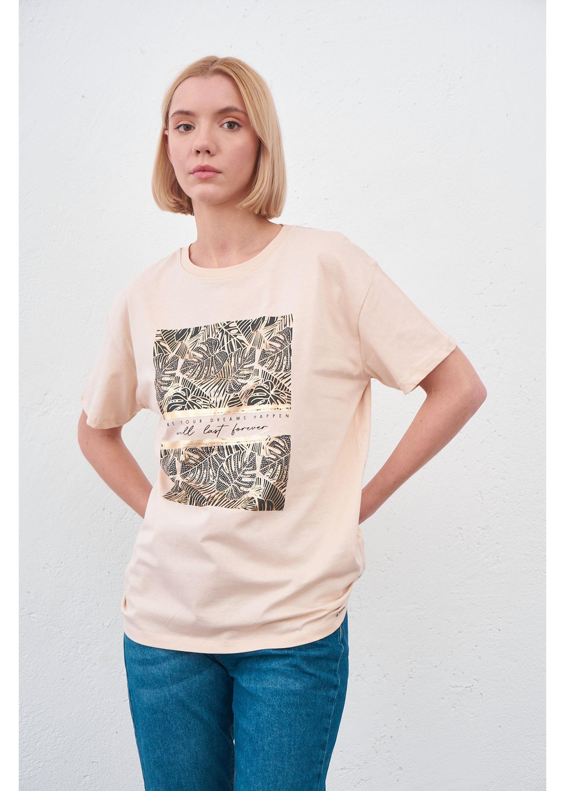 Yaprak Baskılı T-shirt-Vizon