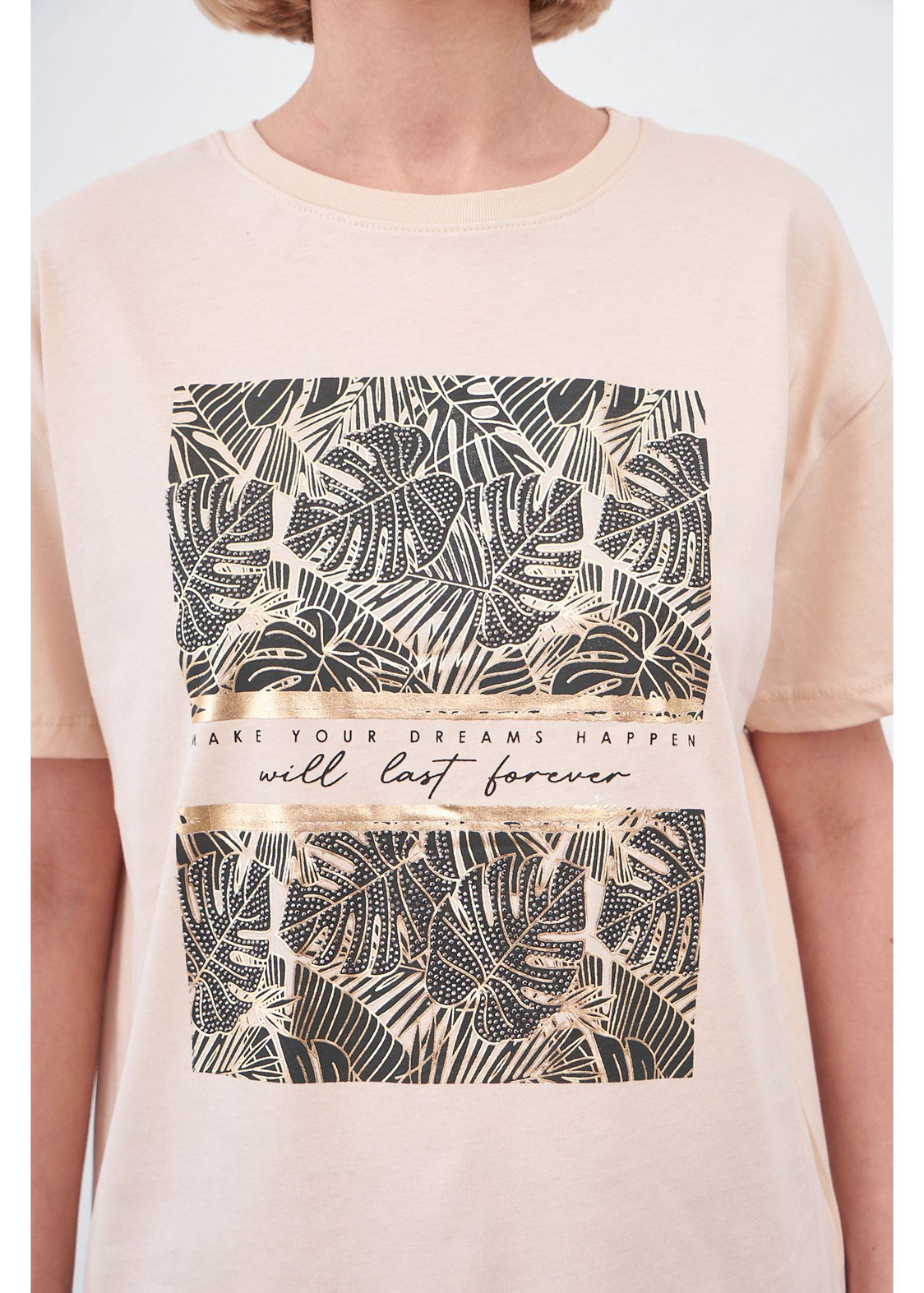 Yaprak Baskılı T-shirt-Vizon