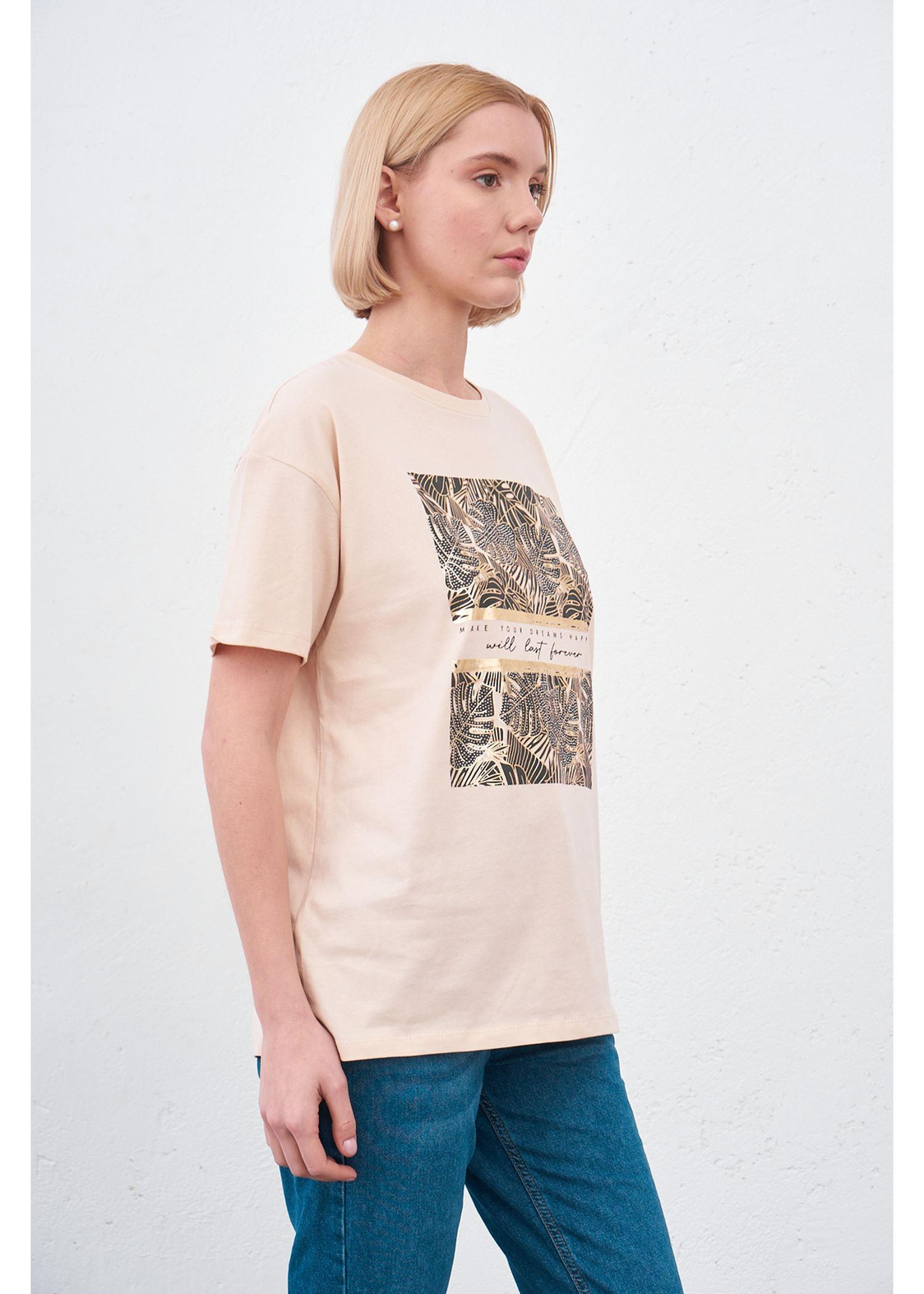 Yaprak Baskılı T-shirt-Vizon