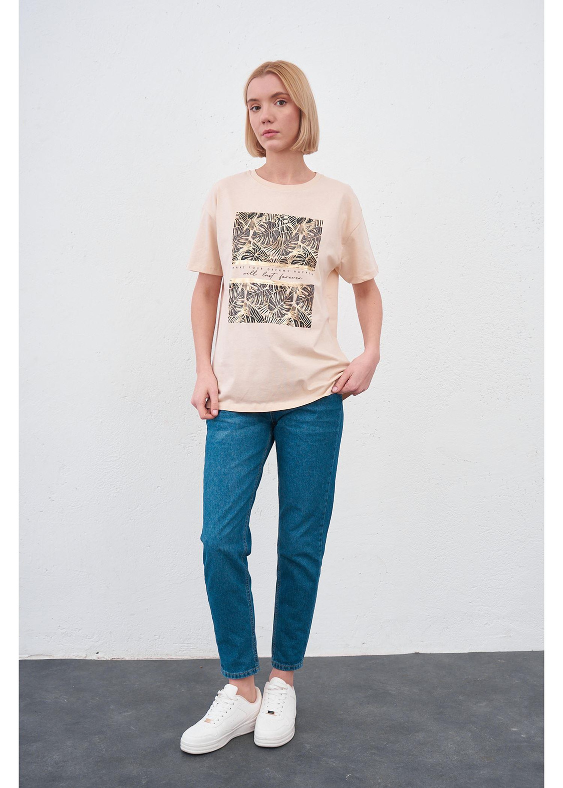 Yaprak Baskılı T-shirt-Vizon