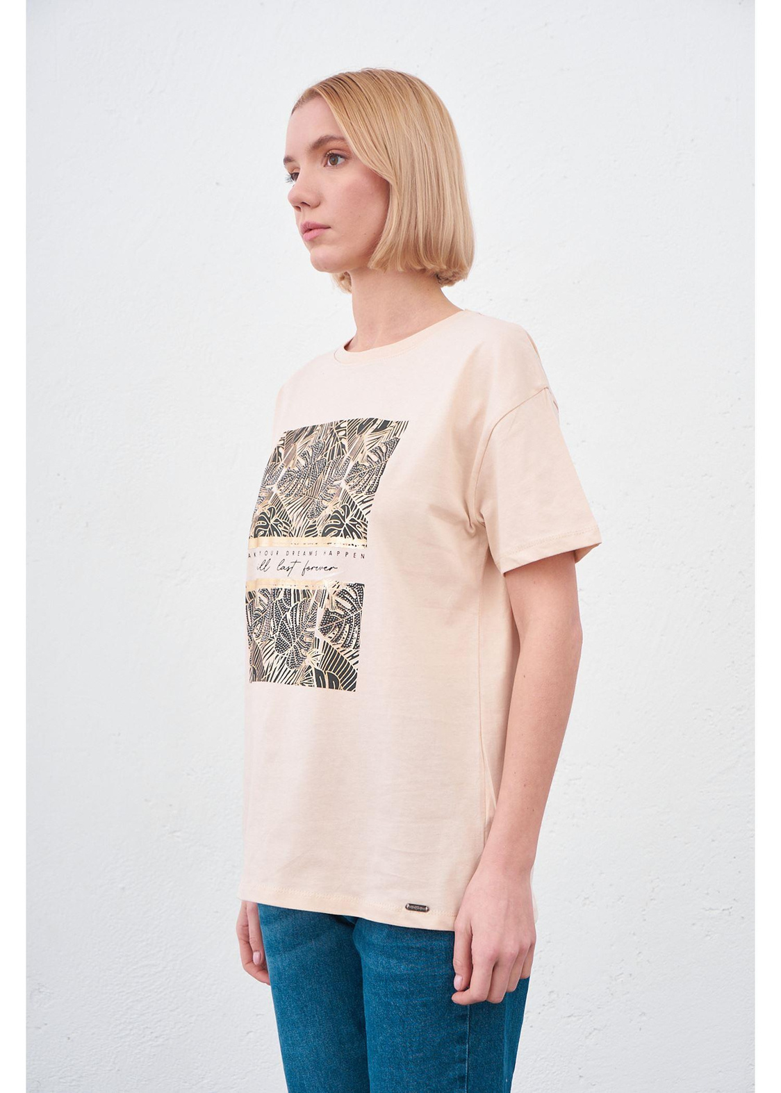 Yaprak Baskılı T-shirt-Vizon