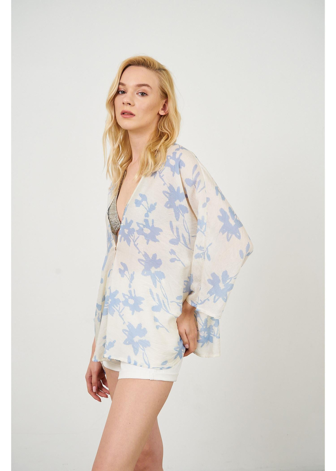 Yaprak Desen Kimono-Mavi
