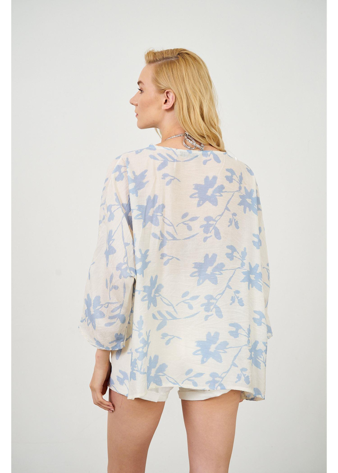 Yaprak Desen Kimono-Mavi
