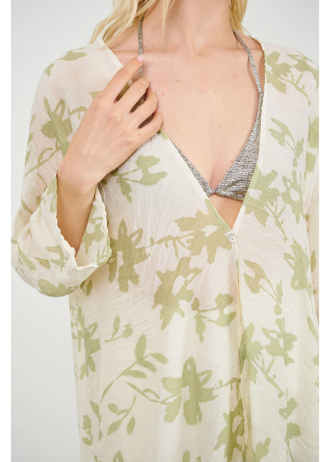 Yaprak Desen Kimono-Mint