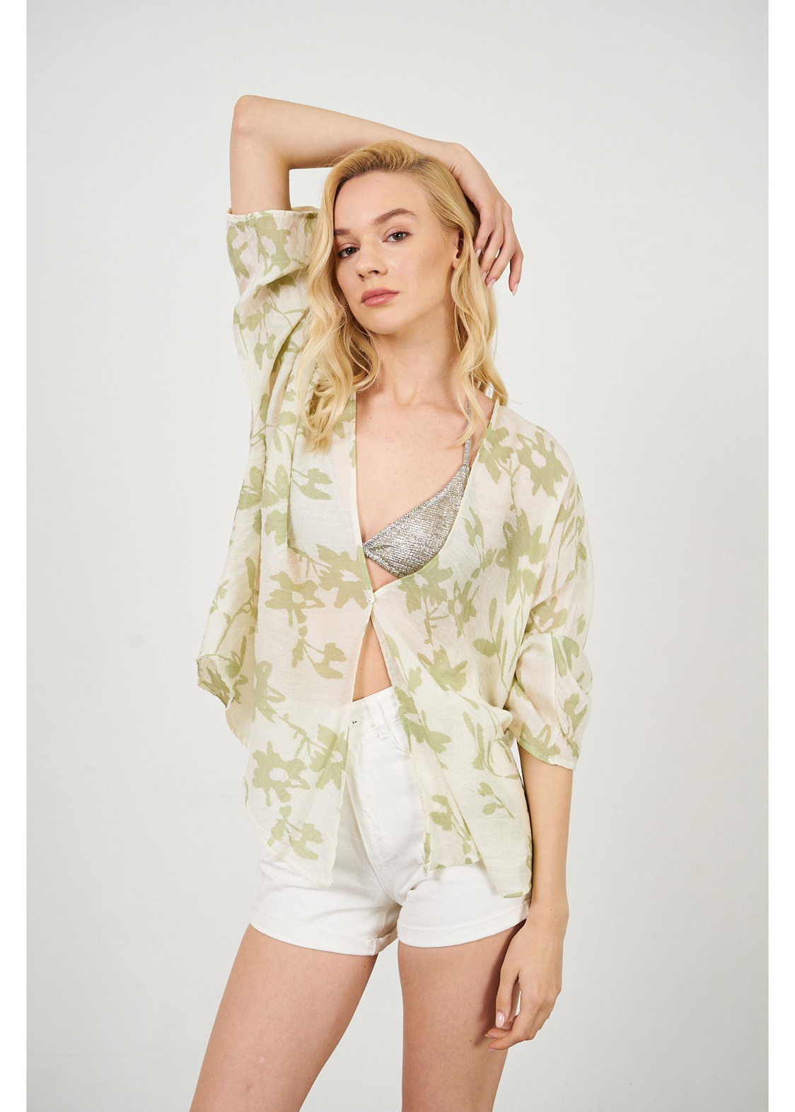 Yaprak Desen Kimono-Mint