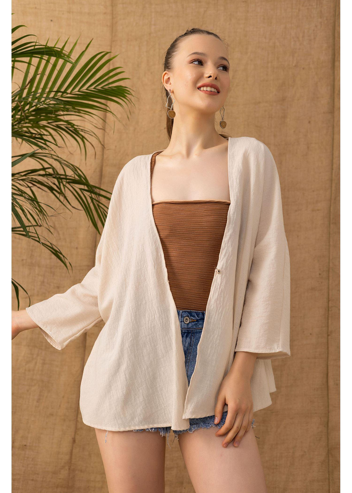Yarasa Kısa Kimono-Bej