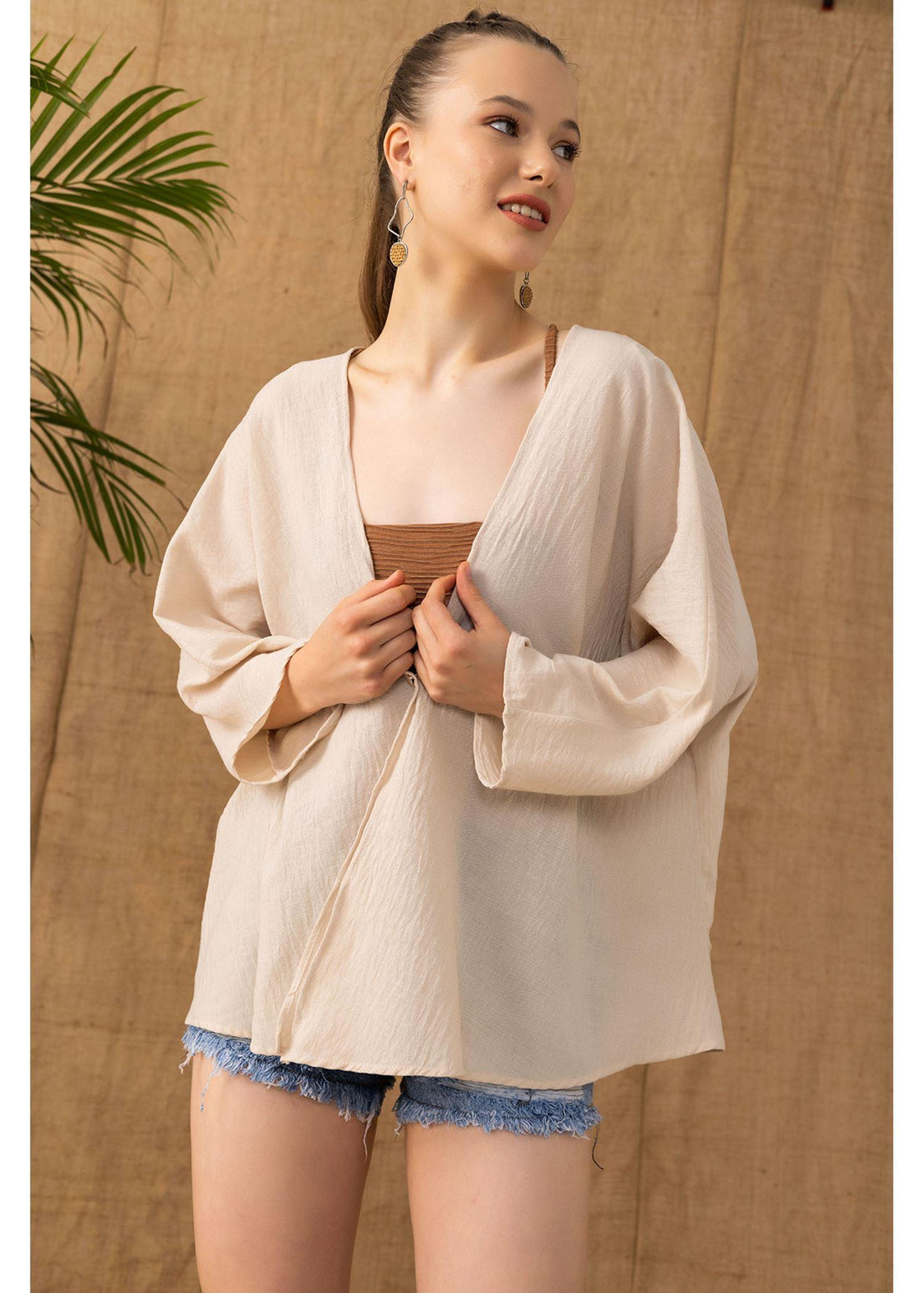 Yarasa Kısa Kimono-Bej
