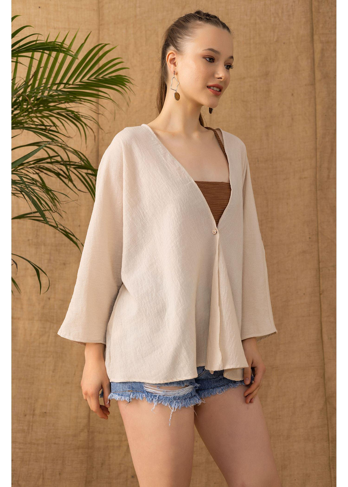 Yarasa Kısa Kimono-Bej