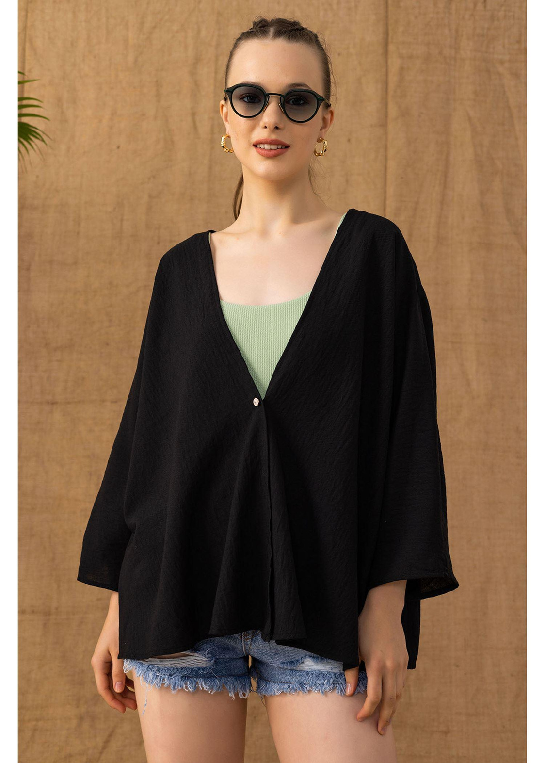 Yarasa Kısa Kimono-Siyah