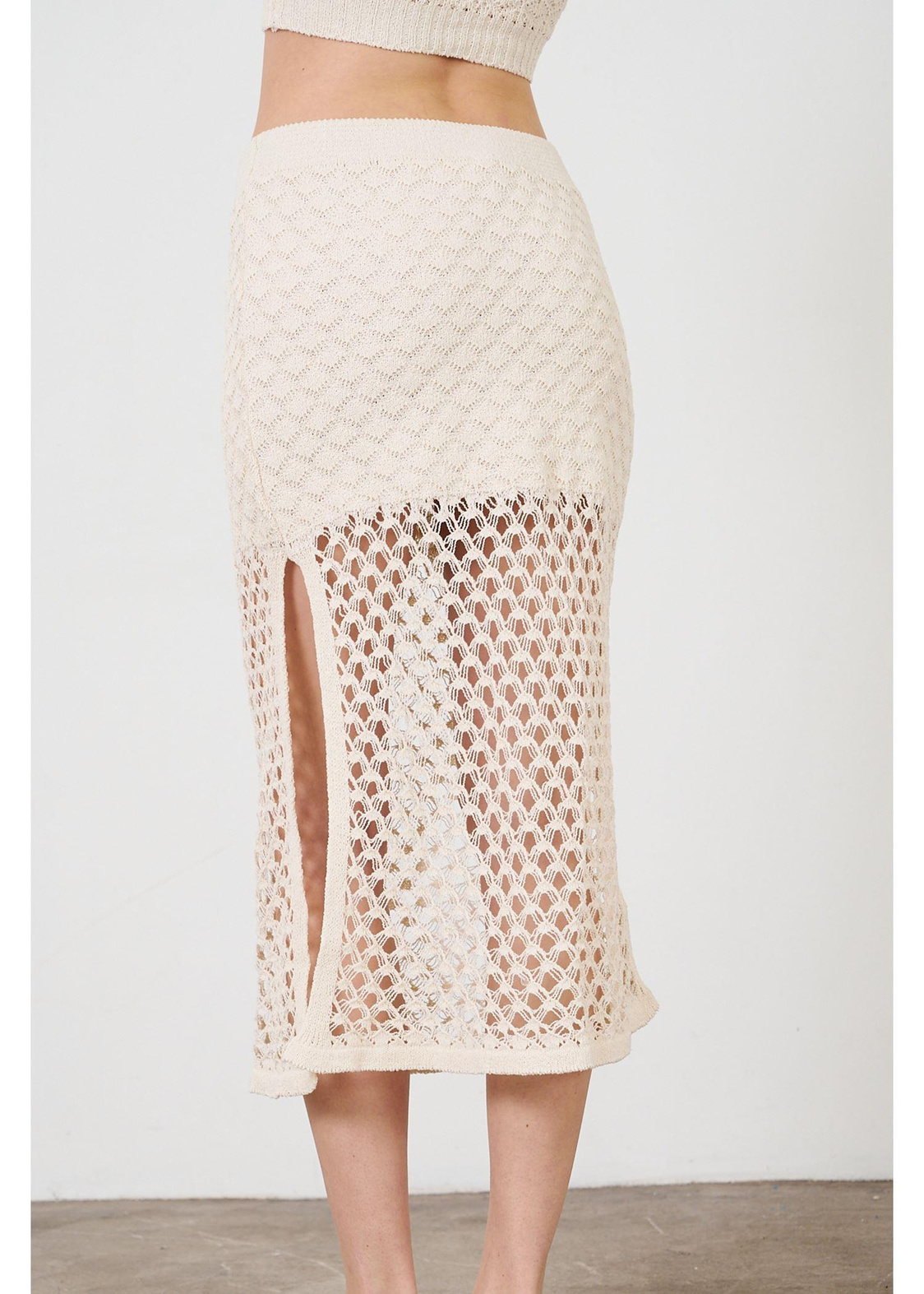 Yarım Astarlı Ajurlu Etek-Bej