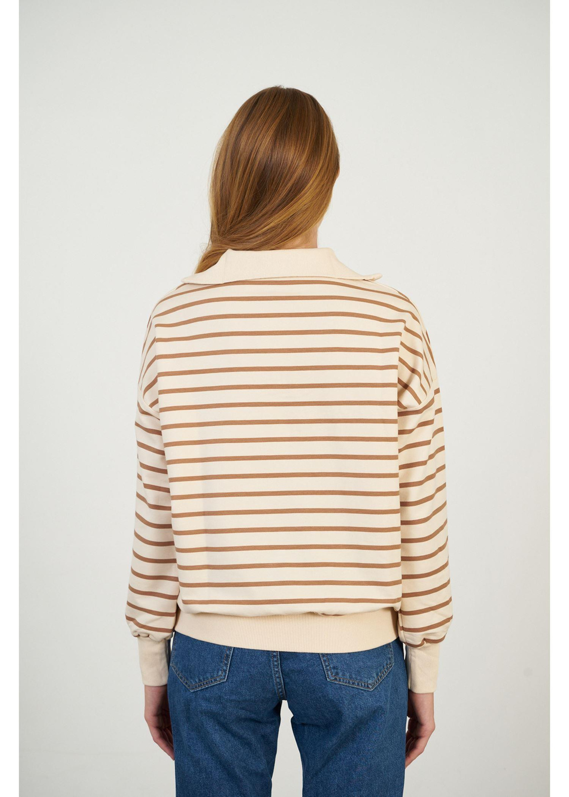 Yarım Fermuarlı Çizgili Sweatshirt-Camel