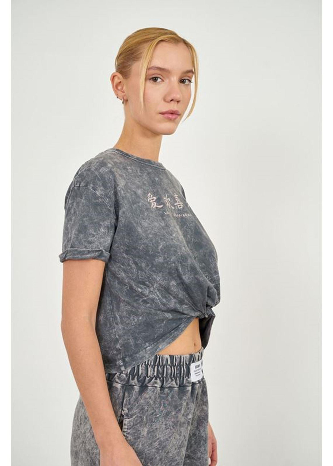 Yıkamalı Kısa Basic T-shirt-Açık Antrasit