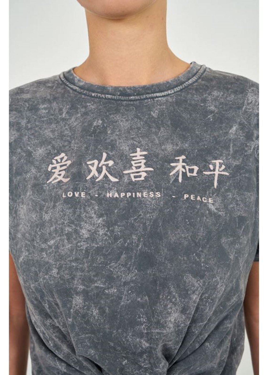 Yıkamalı Kısa Basic T-shirt-Açık Antrasit
