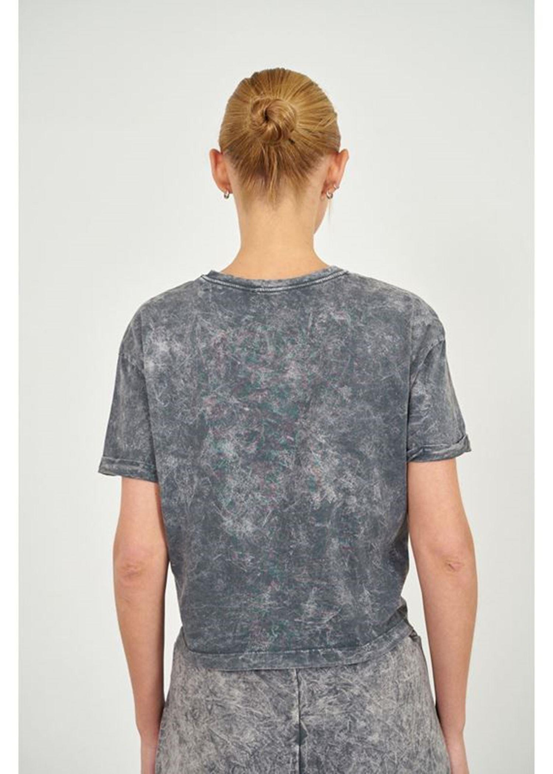 Yıkamalı Kısa Basic T-shirt-Açık Antrasit