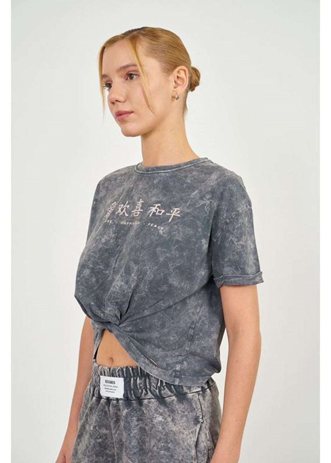 Yıkamalı Kısa Basic T-shirt-Açık Antrasit