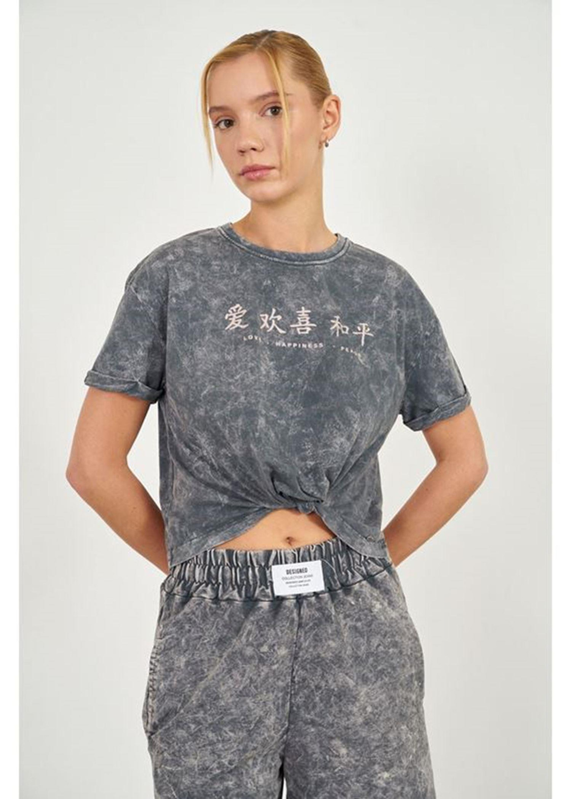 Yıkamalı Kısa Basic T-shirt-Açık Antrasit
