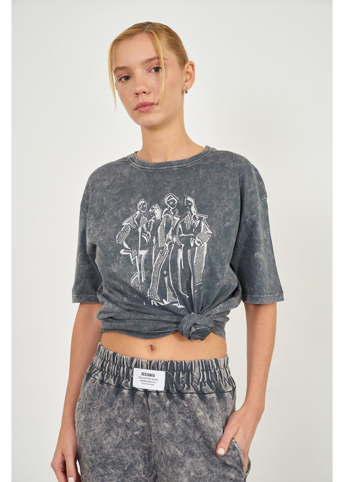 Yıkamalı Kız Baskılı Basic T-shirt-Antrasit