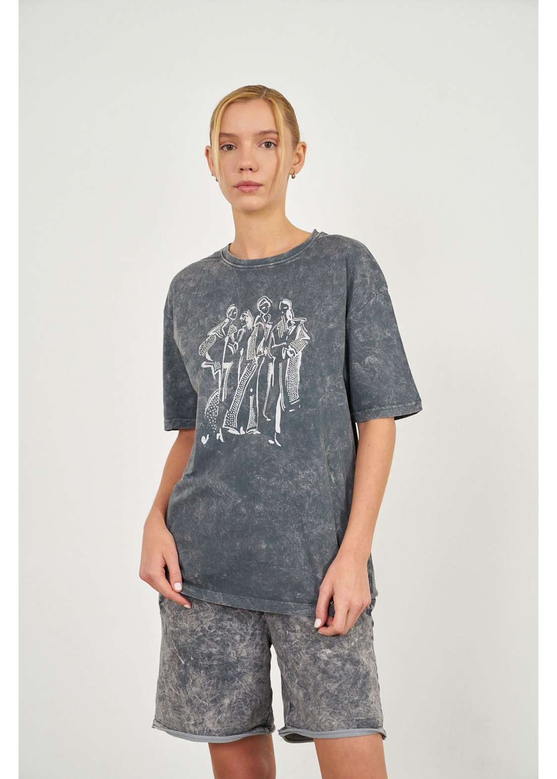 Yıkamalı Kız Baskılı Basic T-shirt-Antrasit
