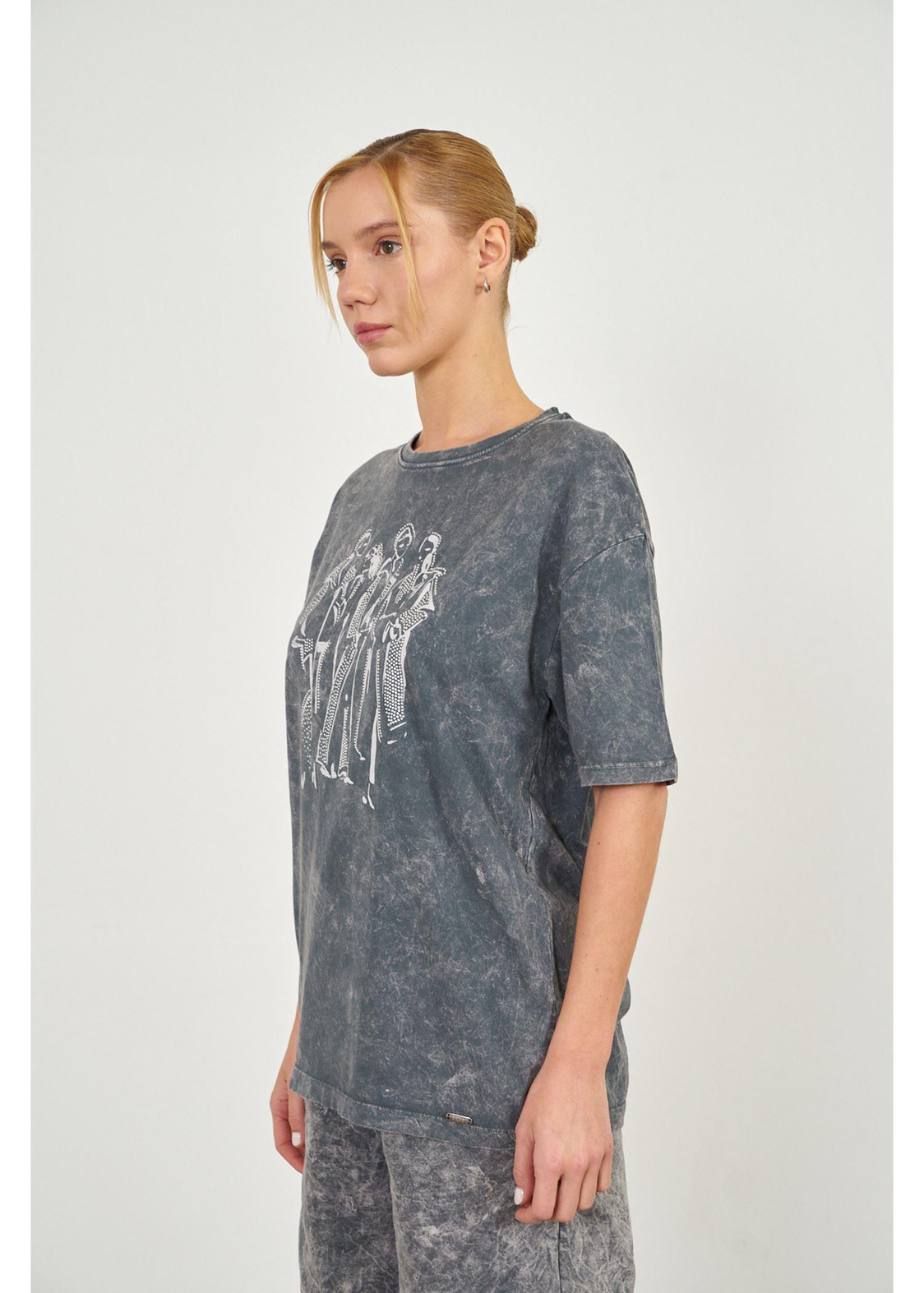 Yıkamalı Kız Baskılı Basic T-shirt-Antrasit