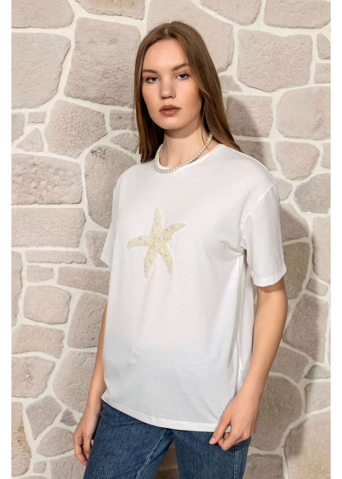 Yıldız Baskılı Basic T-shirt-Ekru