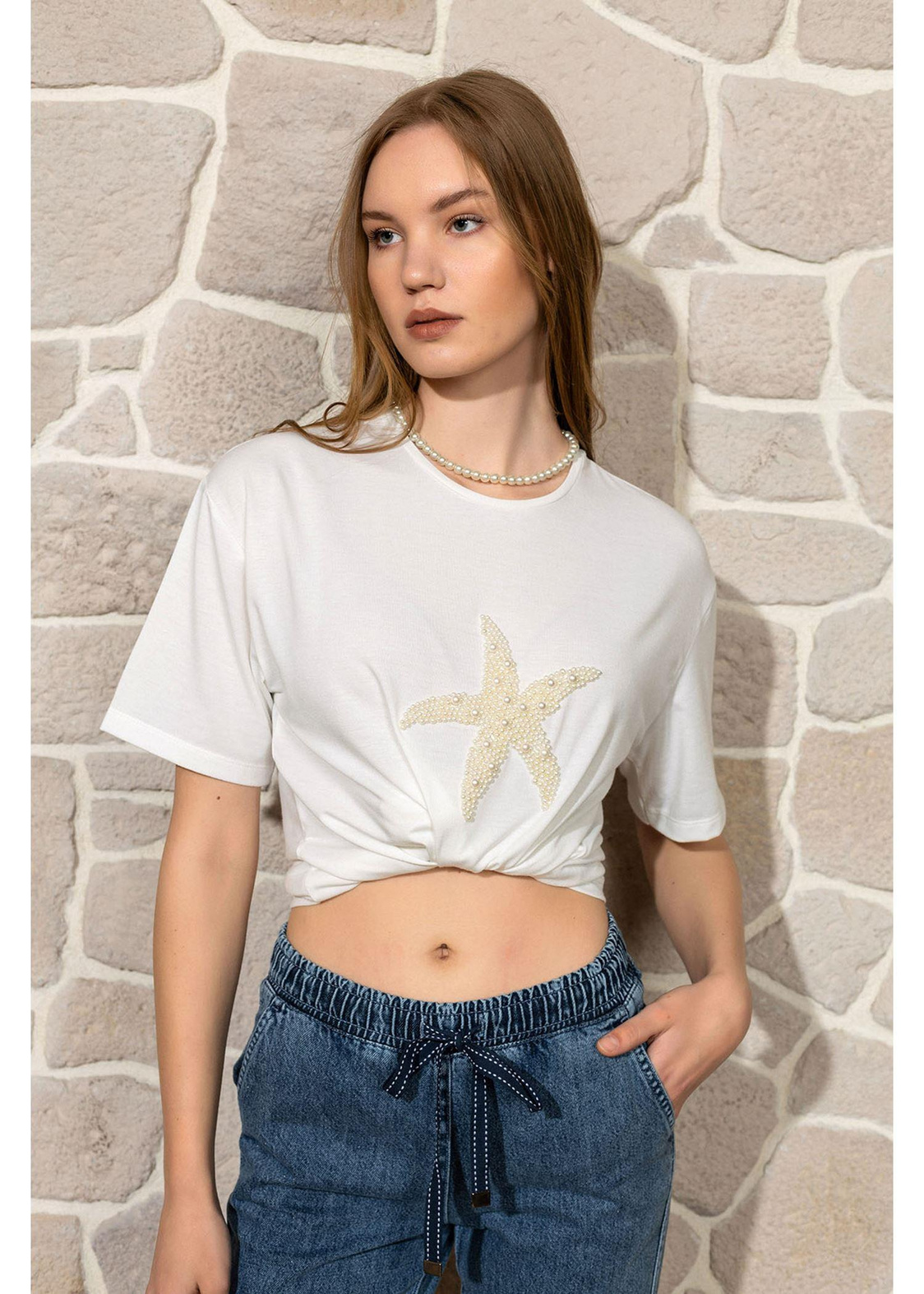 Yıldız Baskılı Basic T-shirt-Ekru