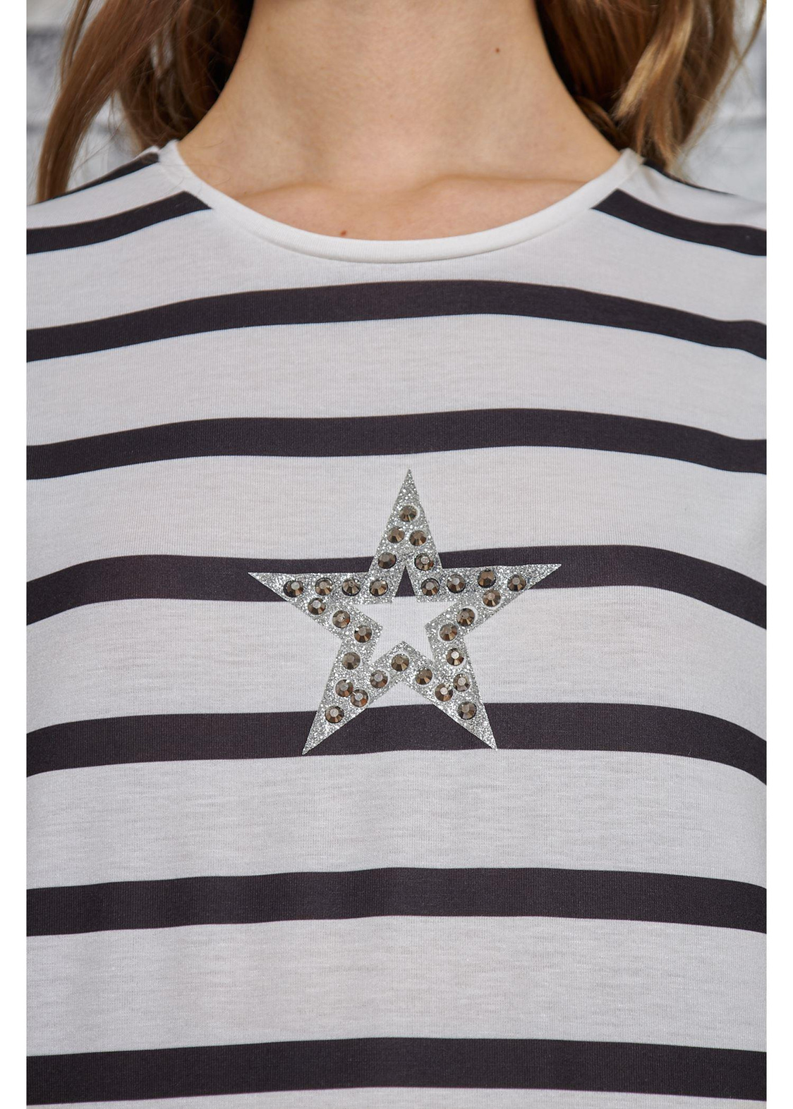 Yıldız Baskılı Çizgili T-shirt-Ekru