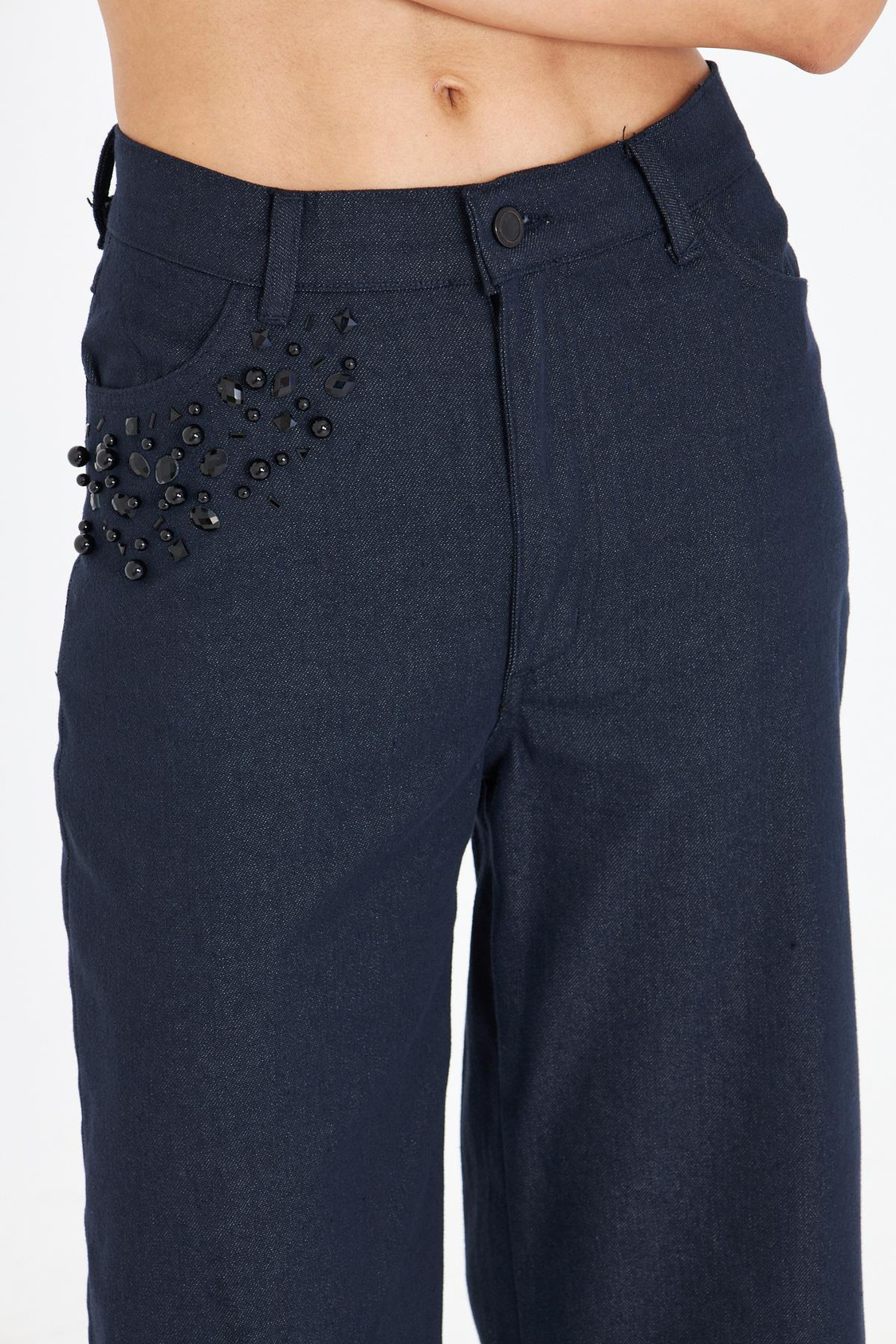 Yüksek Bel Taşlı Denim Pantolon