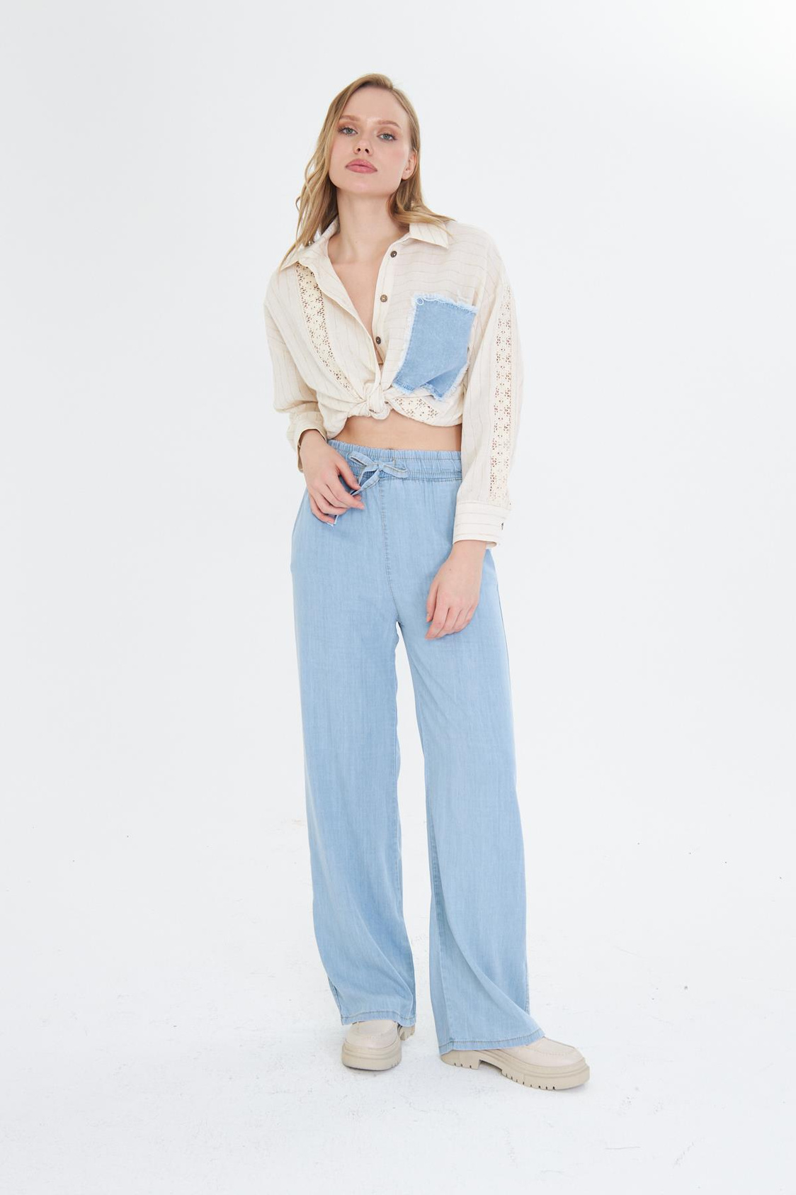 Yüksek Bel Wide-Leg Pantolon - Açık Mavi