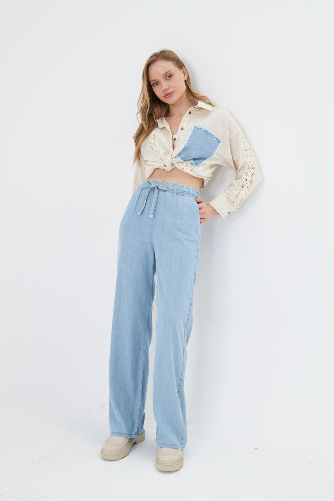 Yüksek Bel Wide-Leg Pantolon - Açık Mavi