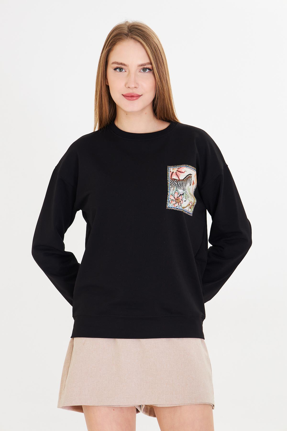 Zebra Baskılı İki İplik Sweatshirt