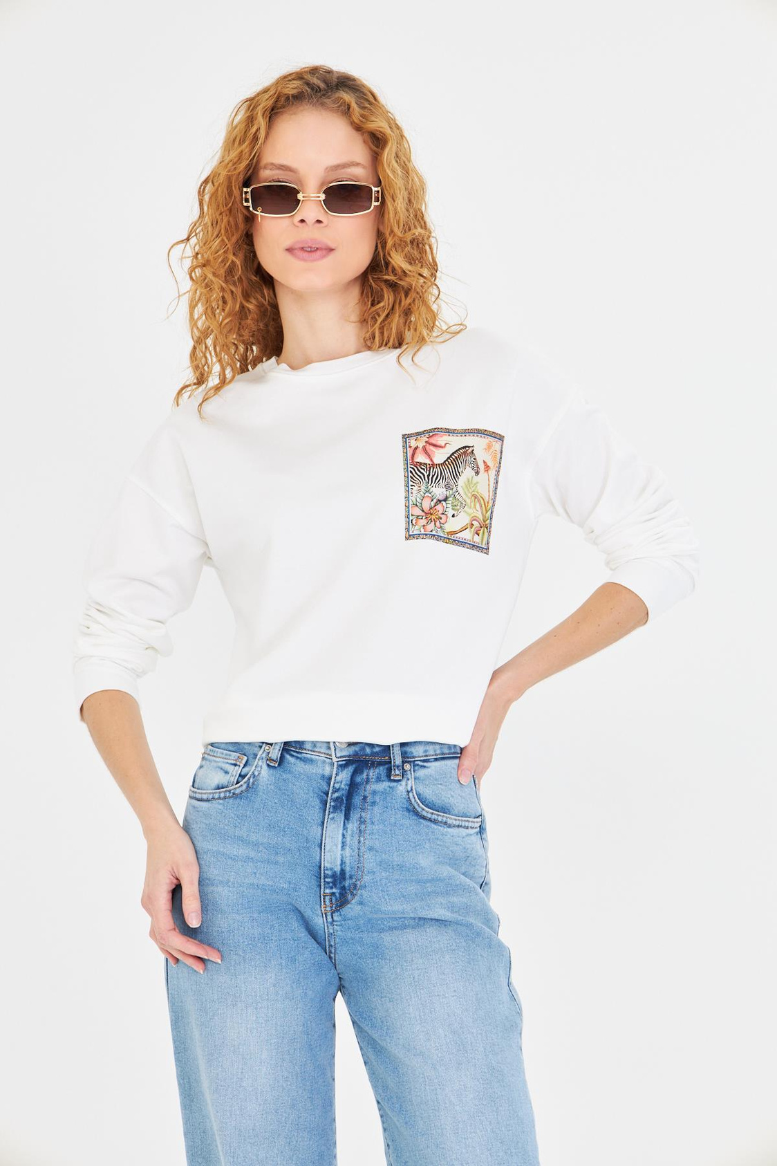 Zebra Baskılı İki İplik Sweatshirt