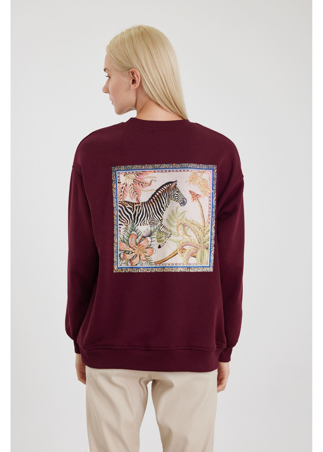 Zebra Baskılı Sweatshirt-Bordo