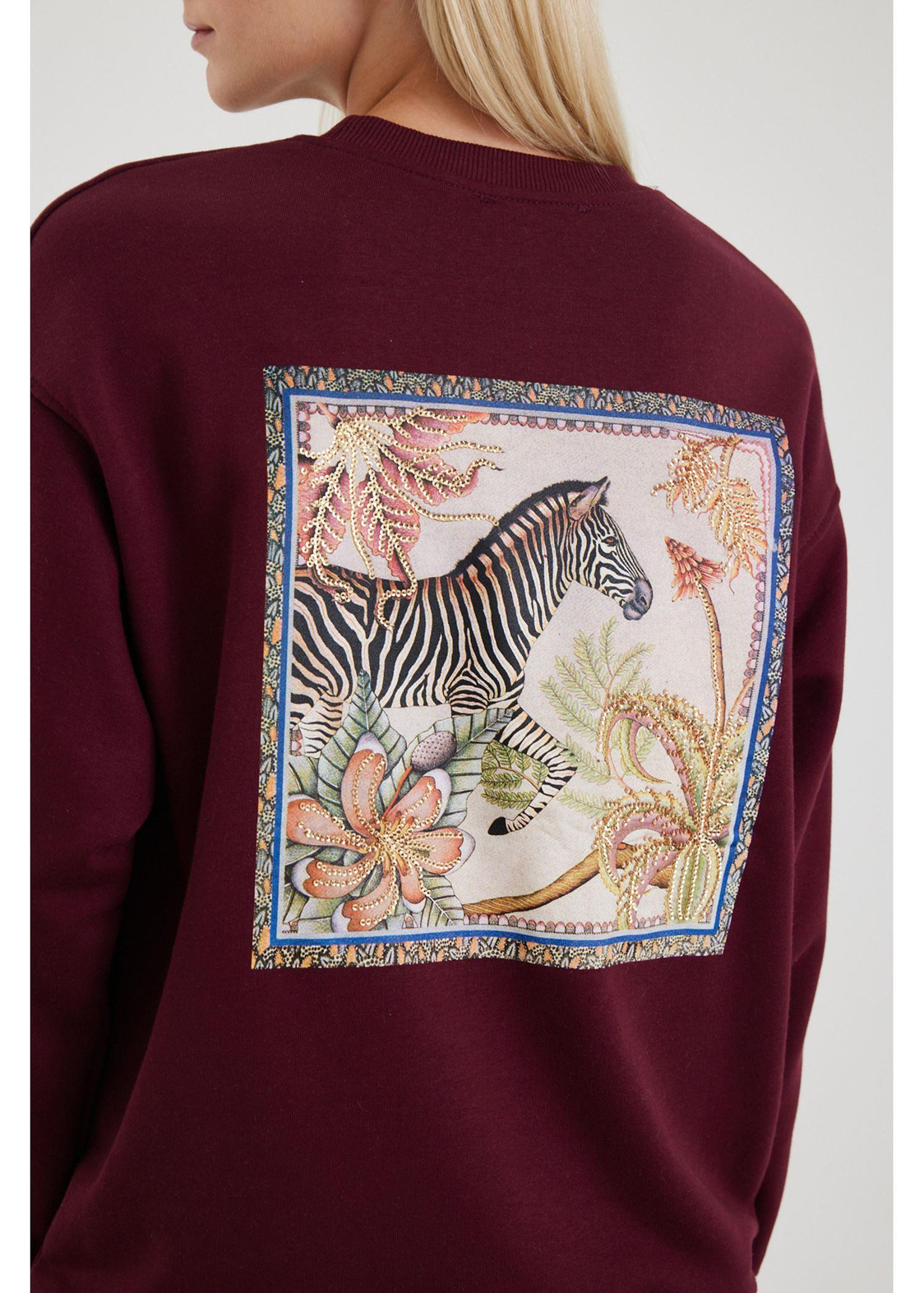Zebra Baskılı Sweatshirt-Bordo