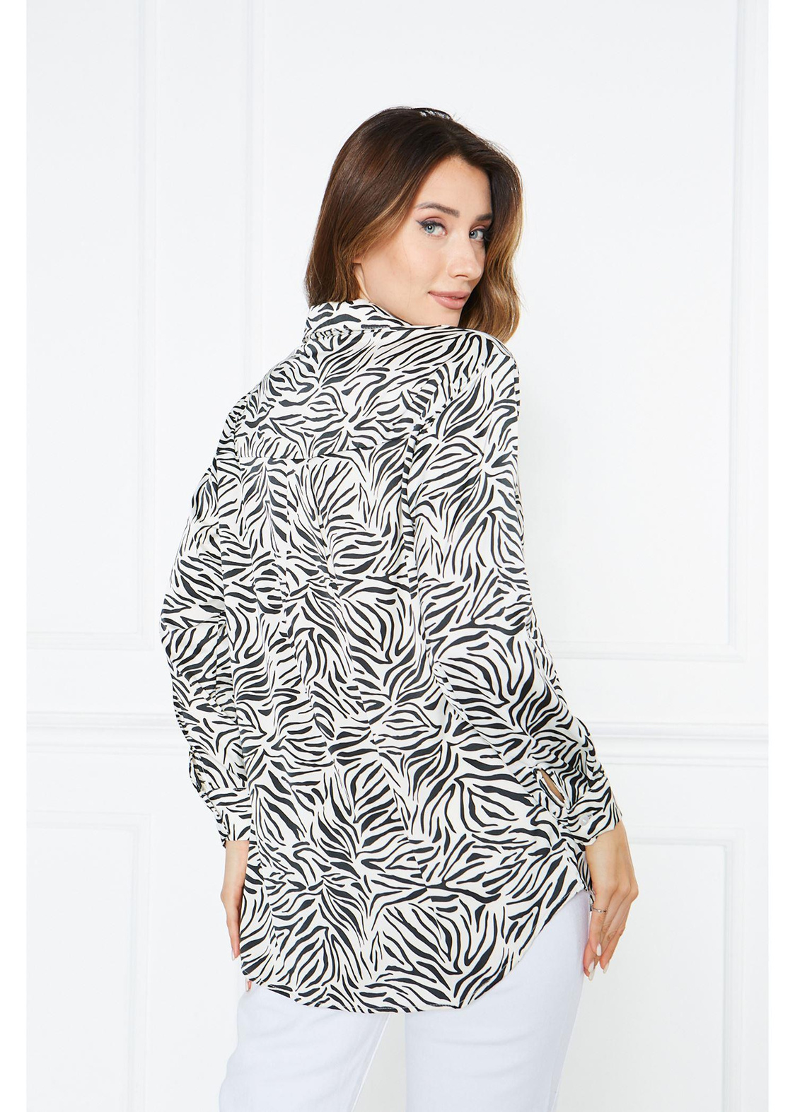 Zebra Desenli Saten Gömlek-Ekru