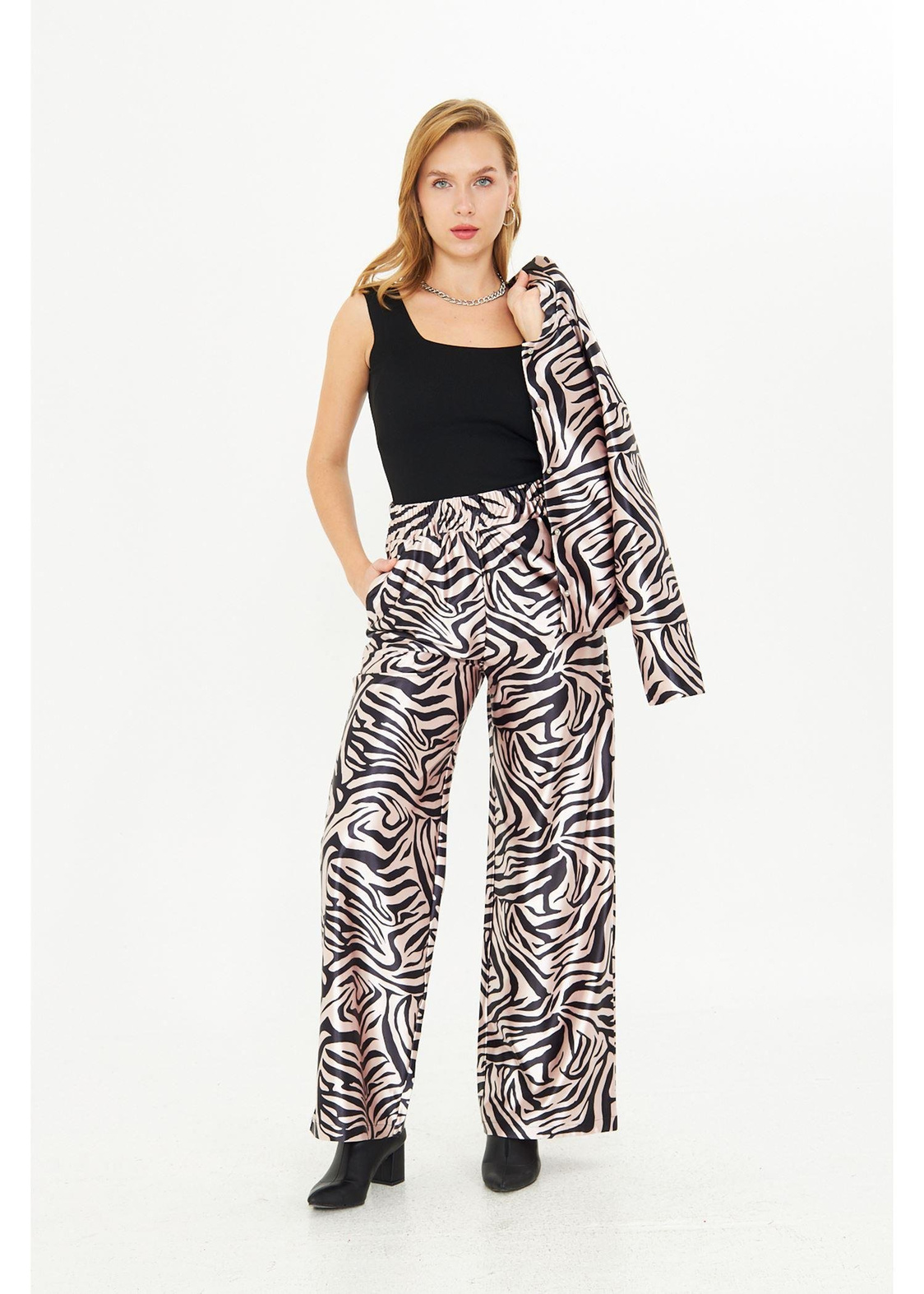 Zebra Desenli Saten Pantolon
