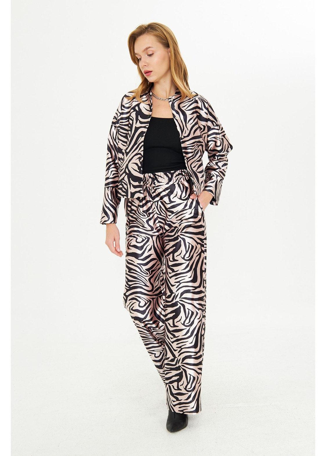 Zebra Desenli Saten Pantolon