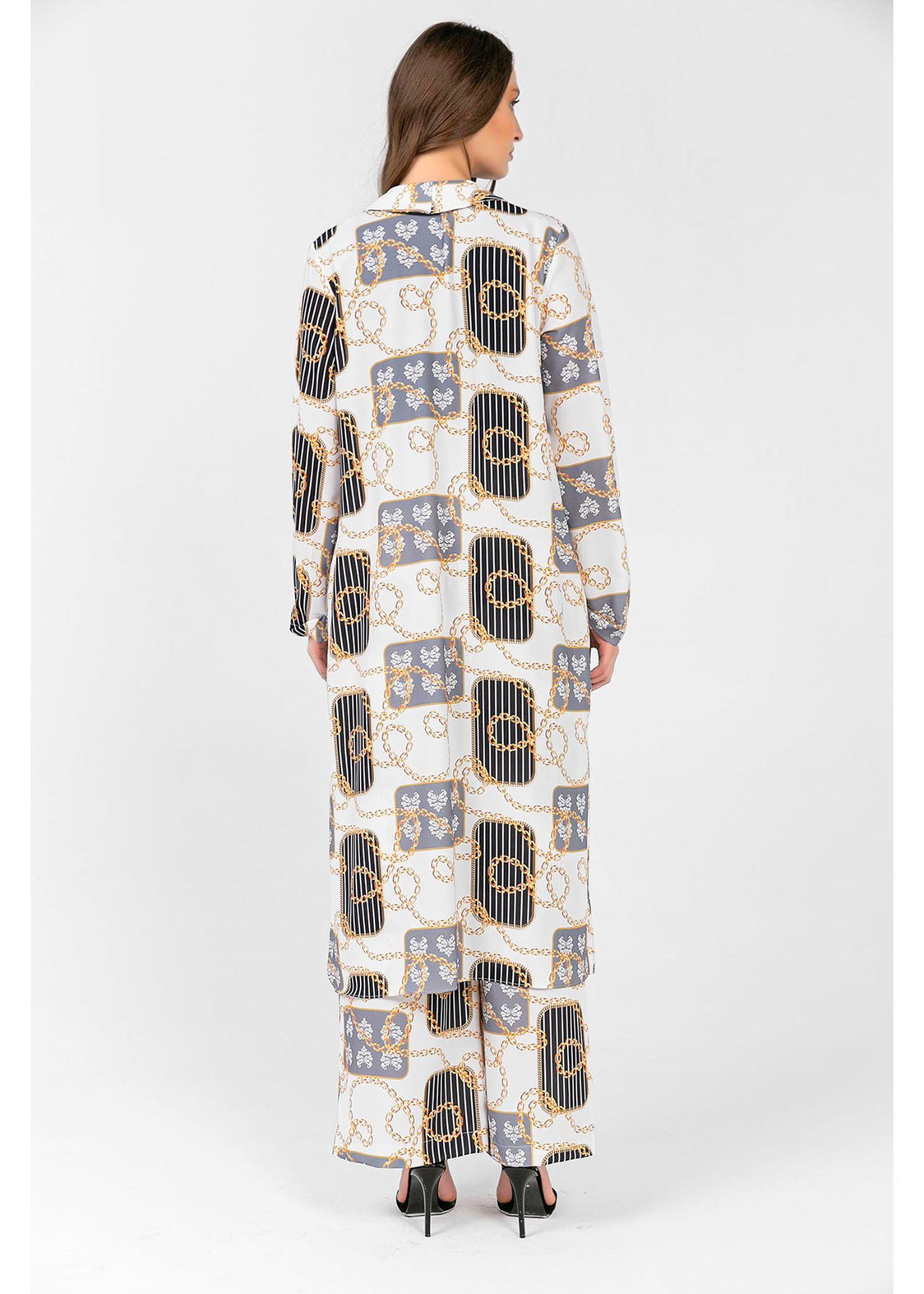 Zincir Desenli Kimono-Ekru