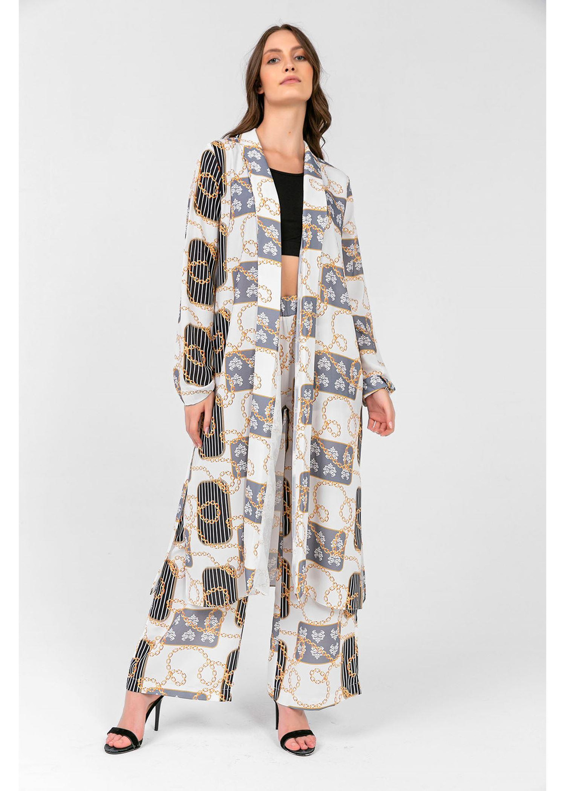 Zincir Desenli Kimono-Ekru