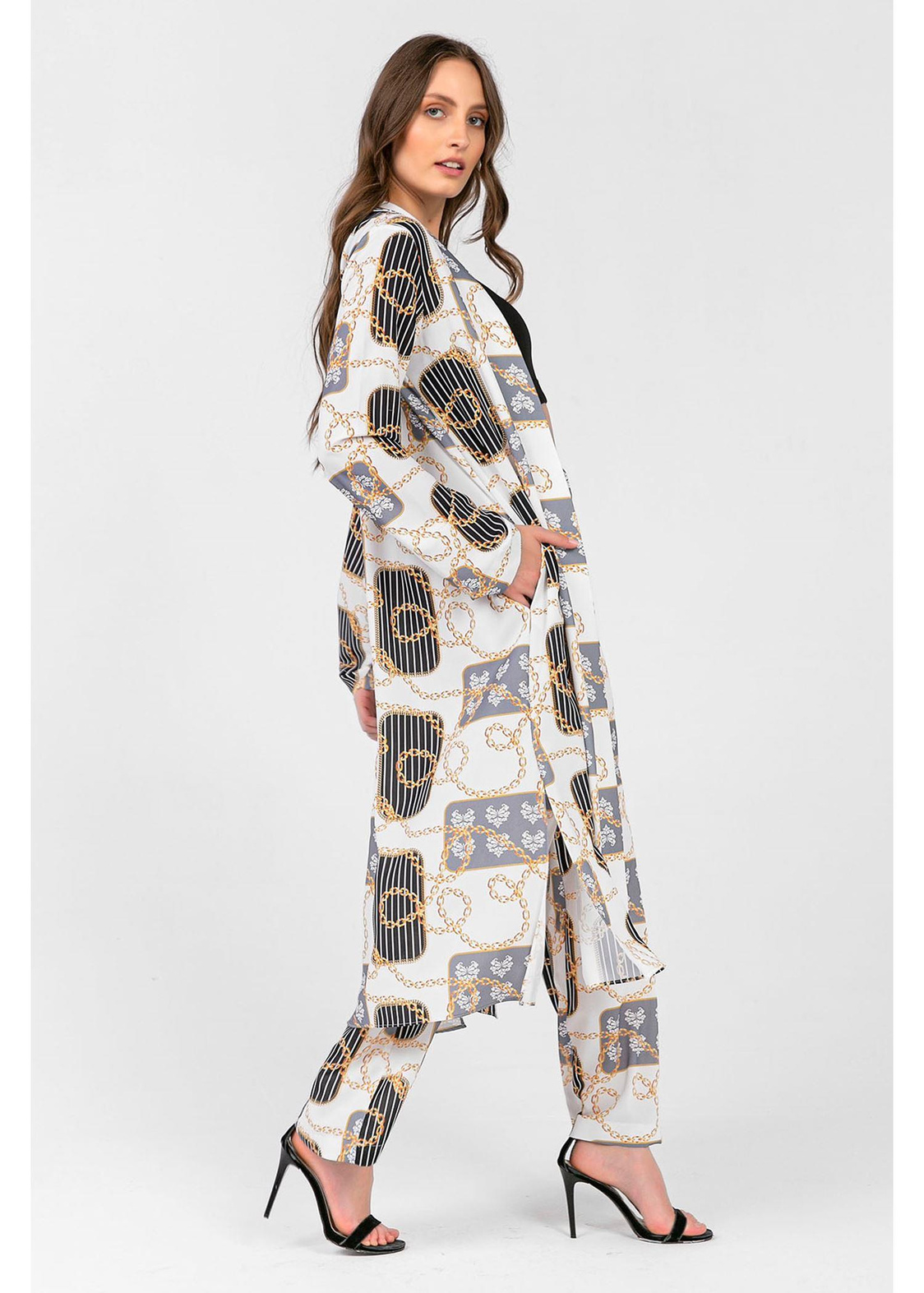 Zincir Desenli Kimono-Ekru